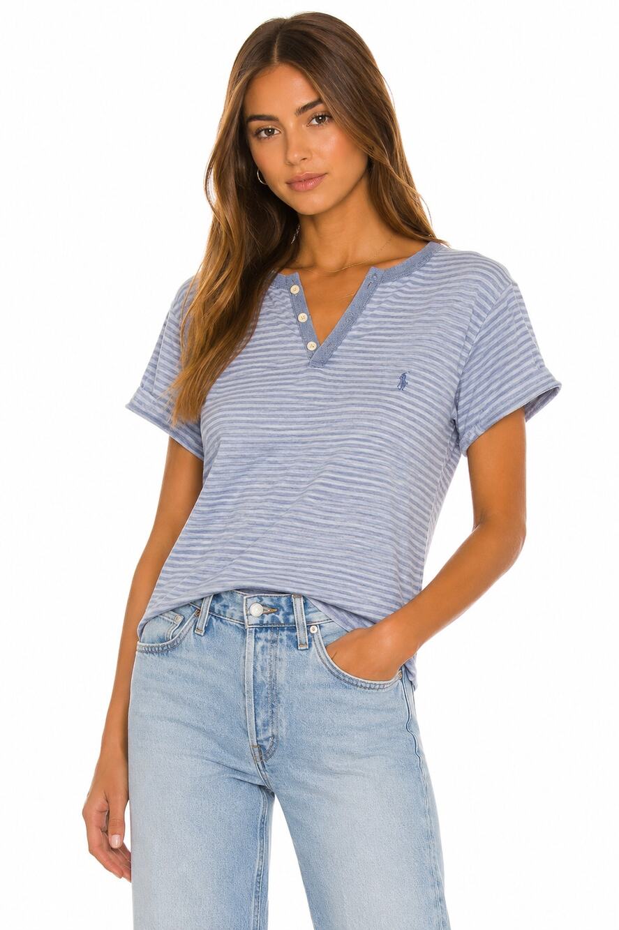 Ralph Lauren Sport Blue & White Striped V-Neck Cotton Tee EUC Size Medium